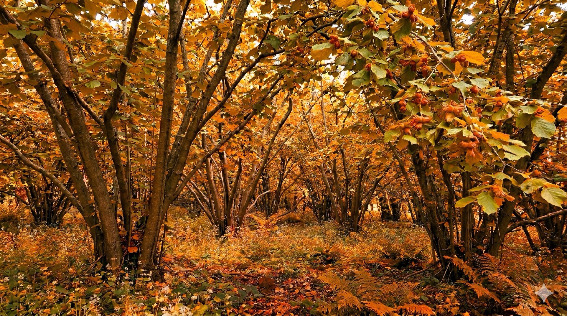 Autumn hazel copse in golden leaf with ripening cobnuts